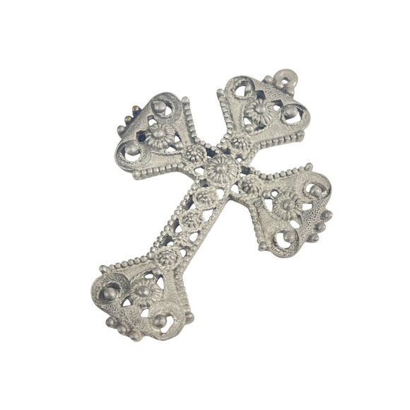 Vintage Florentine Filigree Cross Pendant 3.5" Silver-Tone Metal Religious Ornam - Picture 2 of 6